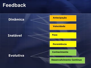 Feedback Dinâmica Instável Evolutiva Velocidade Antecipação Foco Persistência Conhecimento Desenvolvimento Contínuo 