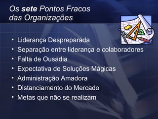 Os  sete  Pontos Fracos das Organizações Liderança Despreparada Separação entre liderança e colaboradores Falta de Ousadia Expectativa de Soluções Mágicas Administração Amadora Distanciamento do Mercado Metas que não se realizam 
