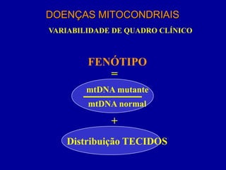DOENÇAS MITOCONDRIAIS
VARIABILIDADE DE QUADRO CLÍNICO



        FENÓTIPO
           =
        mtDNA mutante
        mtDNA normal

             +
   Distribuição TECIDOS
 