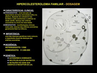 HIPERCOLESTEROLEMIA FAMILIAR - DOSAGEM

CARACTERÍSTICAS CLÍNICAS:
HETEROZIGOTOS: nível elevado de
  lipoproteína de baixa densidade (LDL) no
  plasma, depósito de colesterol nos
  tendões e pele (xantomas) e artérias na
  idade adulta, doença das artérias
  coronárias no início da meia-idade.
HOMOZIGOTOS: manifestações clínicas
  mais cedo, doença das artérias coronárias
  geralmente fatal na infância.


 IMPORTÂNCIA:
  uma das doenças genéticas mais comuns
  e importante causa de doenças das
  artérias coronárias.

INCIDÊNCIA:
 HETEROZIGOTO: 1/500
 HOMOZIGOTO: 1/1.000.000

GENÉTICA:
      AUTOSSÔMICA DOMINANTE
      MÚLTIPLOS ALELOS MUTANTES
      MUTAÇÕES NO GENE QUE
     CODIFICA O RECEPTOR DA LDL
 