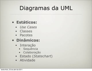 Diagramas da UML

                •     Estáticos:
                     • Use Cases
                     • Classes
                     • Pacotes
                •     Dinâmicos:
                     • Interação
                       • Sequência
                       • Colaboração
                     • Estado (Statechart)
                     • Atividade


sexta-feira, 22 de abril de 2011
 
