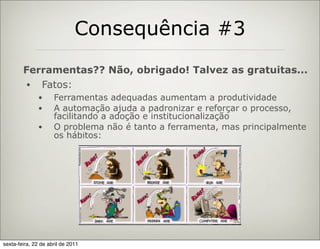 Consequência #3
        Ferramentas?? Não, obrigado! Talvez as gratuitas...
        • Fatos:
              •      Ferramentas adequadas aumentam a produtividade
              •      A automação ajuda a padronizar e reforçar o processo,
                     facilitando a adoção e institucionalização
              •      O problema não é tanto a ferramenta, mas principalmente
                     os hábitos:




sexta-feira, 22 de abril de 2011
 