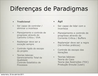 Diferenças de Paradigmas
                •     Tradicional                  •   Ágil
                •     Ser capaz de controlar /     •   Ser capaz de lidar com a
                      eliminar a incerteza             incerteza
                •     Planejamento e controle de   •   Planejamento e controle de
                      progresso através do             progresso através da
                      Caminho Crítico / EVA            Corrente Crítica / Buffers
                •     Replanejar deve ser a        •   Replanejar deve ser a regra
                      exceção sempre
                                                       (há limites práticos)
                •     Controle rígido do escopo
                      do projeto
                                                   •   Controle do escopo das
                                                       iterações
                •     Teorias básicas:
                      Gerenciamento Total da       •   Teorias básicas:
                      Qualidade                        Teoria do Caos
                      Controle Estatístico de          Teoria das Restrições (TOC)
                      Processos                        Produção Enxuta (Lean)



sexta-feira, 22 de abril de 2011
 