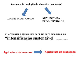 5
Aumento da produção de alimentos no mundo!
AUMENTO DA ÁREA PLANTADA AUMENTO DA
PRODUTIVIDADE
 ...repensar a agricultura para um novo patamar, o da
“intensificação sustentável” (MUELLER et al., 2012)
Agricultura de insumos Agricultura de processos
 