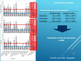 0
10
20
30
40
50
60
70
Dias
entre
R1
e
NFN
Cultivares
ab
b
A
B
c
b
c
b
b
ab
a
b
c
c
c
b
bc
A
B
de
b
de
b
b
b
b
a
cd
de
e
ab
abc
A
A
c
ab
d
bcd
abc
abc
dc
a
d
d
(a)
0
20
40
60
80
100
120
E
R8
-
R1
Cultivares
ab
b
A
B
c
ab
d
b
ab
b
a
b
c
c
d
d
bc
A
A
ef
bc
e
b
bc
d
cd
a
f
ef
ef
abcd
abc
A
A
bcde
ab
cde
abcde
a
abcde
abcde
abcd
e
de
abcd
0
2
4
6
8
10
12
14
16
18
20
N
R8
-
R1
Cultivares
bc
c
A
B
d
bc
d
c
bc
b
a
c
d
d
d
bc
bc
A
B
d
bc
d
bc
bc
cd
b
a
d
d
d
a
abc
A
B
c
abc
c
bc
bc
abc
bc
ab
c
de
(b)
(c)
*
**
53
Determinado Indeterminado
Setembro 4% a 40% 128% a 481%
Novembro 18% a 33% 58% a 370%
Fevereiro 34% a 49% 57% a 129%
Crescimento em estatura após R1
Amplitude na faixa de semeadura
e GMR
Experimentos irrigados
ZANON et al., 2016 – Bragantia
 