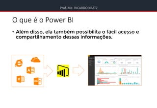 Prof. Me. RICARDO KRATZ
O que é o Power BI
• Além disso, ela também possibilita o fácil acesso e
compartilhamento dessas informações.
 