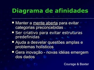 Diagrama de afinidadesDiagrama de afinidades
 Manter aManter a mente abertamente aberta para evitarpara evitar
categorias preconcebidascategorias preconcebidas
 Ser criativo para evitar estruturasSer criativo para evitar estruturas
predefinidaspredefinidas
 Ajuda a desvelar questões amplas eAjuda a desvelar questões amplas e
problemas holísticosproblemas holísticos
 Gera inovação - novas idéias emergemGera inovação - novas idéias emergem
dos dadosdos dados
Courage & Baxter
 