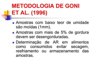  Amostras com baixo teor de umidade
são moídas (1mm).
 Amostras com mais de 5% de gordura
devem ser desengorduradas.
 Determinação de AR em alimentos
como consumidos evitar secagem,
resfriamento ou armazenamento das
amostras.
METODOLOGIA DE GONI
ET AL. (1996)
 