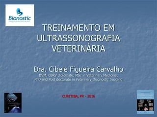 TREINAMENTO EM
ULTRASSONOGRAFIA
VETERINÁRIA
Dra. Cibele Figueira Carvalho
DVM; CBRV diplomate; MSc in Veterinary Medicine;
PhD and Post doctorate in Veterinary Diagnostic Imaging
CURITIBA, PR - 2016
 