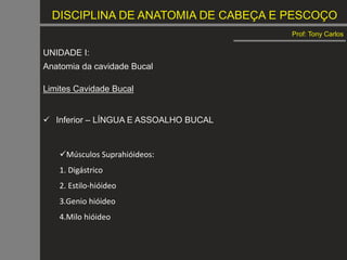 DISCIPLINA DE ANATOMIA DE CABEÇA E PESCOÇO
Prof: Tony Carlos
UNIDADE I:
Anatomia da cavidade Bucal
Limites Cavidade Bucal
 Inferior – LÍNGUA E ASSOALHO BUCAL
Músculos Suprahióideos:
1. Digástrico
2. Estilo-hióideo
3.Genio hióideo
4.Milo hióideo
 