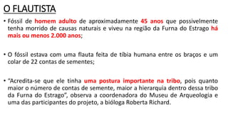 O FLAUTISTA
• Fóssil de homem adulto de aproximadamente 45 anos que possivelmente
tenha morrido de causas naturais e viveu na região da Furna do Estrago há
mais ou menos 2.000 anos;
• O fóssil estava com uma flauta feita de tíbia humana entre os braços e um
colar de 22 contas de sementes;
• “Acredita-se que ele tinha uma postura importante na tribo, pois quanto
maior o número de contas de semente, maior a hierarquia dentro dessa tribo
da Furna do Estrago”, observa a coordenadora do Museu de Arqueologia e
uma das participantes do projeto, a bióloga Roberta Richard.
 