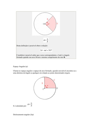 Desta definição é possível obter a relação:




    E também é possível saber que o arco correspondente a 1rad é o ângulo
    formado quando seu arco S tem o mesmo comprimento do raio R.




Espaço Angular (φ)

Chama-se espaço angular o espaço do arco formado, quando um móvel encontra-se a
uma abertura de ângulo φ qualquer em relação ao ponto denominado origem.




E é calculado por:



Deslocamento angular (Δφ)
 
