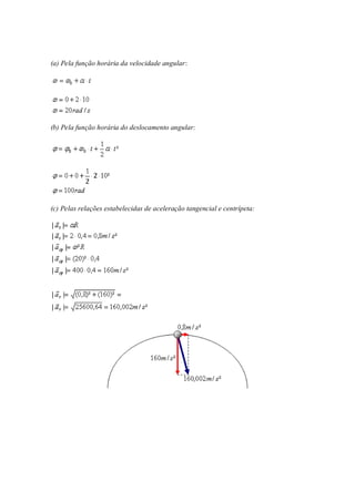 (a) Pela função horária da velocidade angular:




(b) Pela função horária do deslocamento angular:




(c) Pelas relações estabelecidas de aceleração tangencial e centrípeta:
 