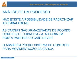 ANÁLISE DE UM PROCESSO NÃO EXISTE A POSSIBILIDADE DE PADRONIZAR AS EMBALAGENS; AS CARGAS SÃO ARMAZENADAS DE ACORDO COM PESO E CUBAGEM – A  MAIORIA EM PORTA PALETES OU CANTILEVER; O ARMAZÉM POSSUI SISTEMA DE CONTROLE PARA MOVIMENTAÇÃO DA CARGA. 