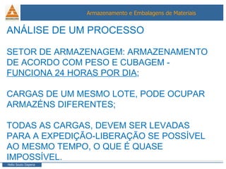 ANÁLISE DE UM PROCESSO SETOR DE ARMAZENAGEM: ARMAZENAMENTO DE ACORDO COM PESO E CUBAGEM -  FUNCIONA 24 HORAS POR DIA ; CARGAS DE UM MESMO LOTE, PODE OCUPAR ARMAZÉNS DIFERENTES; TODAS AS CARGAS, DEVEM SER LEVADAS PARA A EXPEDIÇÃO-LIBERAÇÃO SE POSSÍVEL AO MESMO TEMPO, O QUE É QUASE IMPOSSÍVEL. 