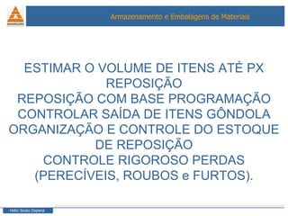 ESTIMAR O VOLUME DE ITENS ATÉ PX REPOSIÇÃO REPOSIÇÃO COM BASE PROGRAMAÇÃO CONTROLAR SAÍDA DE ITENS GÔNDOLA ORGANIZAÇÃO E CONTROLE DO ESTOQUE DE REPOSIÇÃO CONTROLE RIGOROSO PERDAS (PERECÍVEIS, ROUBOS e FURTOS). 