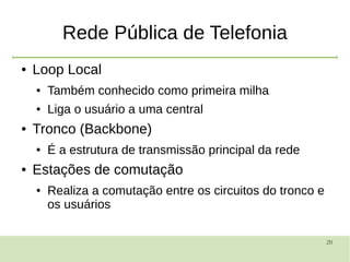 20
Rede Pública de Telefonia
● Loop Local
● Também conhecido como primeira milha
● Liga o usuário a uma central
● Tronco (Backbone)
● É a estrutura de transmissão principal da rede
● Estações de comutação
● Realiza a comutação entre os circuitos do tronco e
os usuários
 