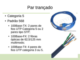 9
Par trançado
● Categoria 5
● Padrão 568
● 100Base-TX: 2 pares de
fios UTP Categoria 5 ou 2
pares tipo STP;
● 100Base-FX: 2 fibras
ópticas de 62,5/125 mm
multimodo;
● 100Base-T4: 4 pares de
fios UTP categoria 3 ou 5.
 