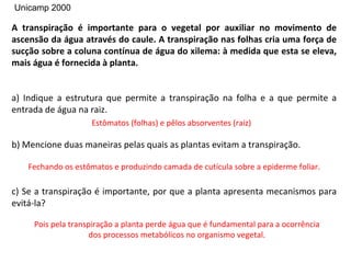 Unicamp 2000

A transpiração é importante para o vegetal por auxiliar no movimento de
ascensão da água através do caule. A transpiração nas folhas cria uma força de
sucção sobre a coluna contínua de água do xilema: à medida que esta se eleva,
mais água é fornecida à planta.


a) Indique a estrutura que permite a transpiração na folha e a que permite a
entrada de água na raiz.
                    Estômatos (folhas) e pêlos absorventes (raiz)

b) Mencione duas maneiras pelas quais as plantas evitam a transpiração.

    Fechando os estômatos e produzindo camada de cutícula sobre a epiderme foliar.

c) Se a transpiração é importante, por que a planta apresenta mecanismos para
evitá-la?

     Pois pela transpiração a planta perde água que é fundamental para a ocorrência
                     dos processos metabólicos no organismo vegetal.
 