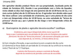 Unicamp 2003




             Crisântemo, pois requer fotoperíodo diário menor que12:30
   horas o que é vantajoso pois nos períodos de dia curto em Fortaleza esta espécie
      florescerá. No caso do “brinco de princesa”, não ocorrerá a floração, que neste
                   caso depende de, no mínimo, 13 horas diárias de luz.




                 A planta não floresceria, porque o controle da floração
               depende da existência de períodos contínuos de escuridão.
 