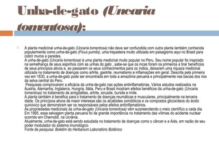 Unha-de-gato (Uncaria
tomentosa):
 A planta medicinal unha-de-gato (Uncaria tomentosa) não deve ser confundida com outra planta também conhecida
popularmente como unha-de-gato (Ficus pumila), uma trepadeira muito utilizada em paisagismo aqui no Brasil para
cobrir muros e paredes.
A unha-de-gato (Uncaria tomentosa) é uma planta medicinal muito popular no Peru. Seu nome popular foi inspirado
na semelhança de seus espinhos com as unhas do gato , sabe-se que os incas foram os primeiros a tirar benefícios
de seus princípios ativos e, ao passarem os seus conhecimentos para os índios, deixaram uma riqueza medicinal
utilizada no tratamento de doenças como artrite, gastrite, reumatismo e inflamações em geral. Descrita pela primeira
vez em 1830, a unha-de-gato pode ser encontrada em toda a amazônia peruana e principalmente nas bacias dos rios
da selva central do Peru.
Pesquisas comprovaram a eficácia da unha-de-gato nas ações antiinflamatórias. Vários estudos realizados na
Áustria, Alemanha, Inglaterra, Hungria, Itália, Peru e Brasil mostram efeitos benéficos da unha-de-gato (Uncaria
tomentosa) no tratamento de amigdalites, artrite, sinusite, bursite e rinite.
A planta também é benéfica para o tratamento de doenças reumáticas e musculares, principalmente na terceira
idade. Os princípios ativos de maior interesse são os alcalóides oxindólicos e os compostos glicosídeos do ácido
quinóvico que demonstram ser os responsáveis pelos efeitos antiinflamatórios.
As propriedades medicinais da unha-de-gato (Uncaria tomentosa) vêm surpreendendo o meio científico a cada dia.
Em 1995, essa selvagem planta peruana foi de grande importância no tratamento das vítimas do acidente nuclear
ocorrido em Chernobil, na Ucrânia.
Atualmente, unha-de-gato está sendo estudada no tratamento de doenças como o câncer e a Aids, em razão de seu
poder modulador do sistema imunológico.
Fonte de pesquisa: Boletim do Herbarium Laboratório Botânico
 