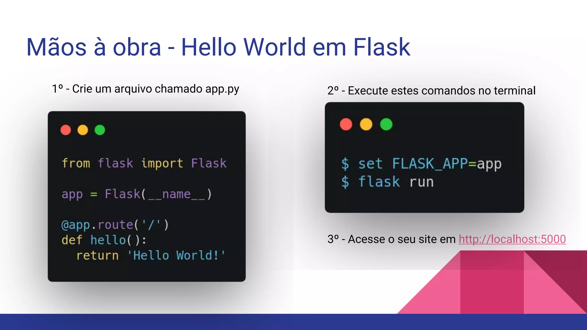 Mãos à obra - Hello World em Flask
1º - Crie um arquivo chamado app.py 2º - Execute estes comandos no terminal
3º - Acesse o seu site em http://localhost:5000
 