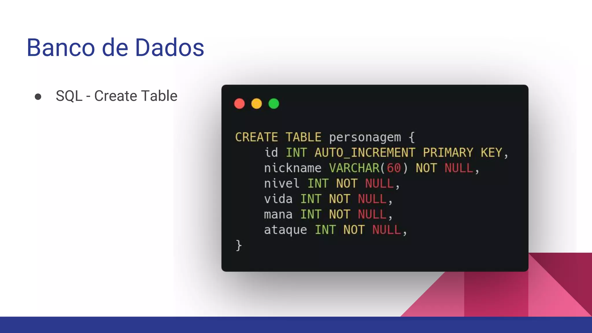 Banco de Dados
● SQL - Create Table
 