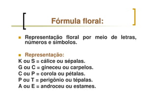 FFóórmula floral:rmula floral:
Representação floral por meio de letras,
números e símbolos.
Representação:
K ou S = cálice ou sépalas.
G ou C = gineceu ou carpelos.
C ou P = corola ou pétalas.
P ou T = perigônio ou tépalas.
A ou E = androceu ou estames.
 