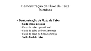 Demonstração de Fluxo de Caixa
Estrutura
• Demonstração de Fluxo de Caixa
• Saldo inicial de caixa
• Fluxo de caixa operacional
• Fluxo de caixa de investimentos
• Fluxo de caixa de financiamento
• Saldo final de caixa
 