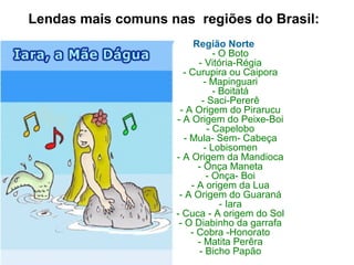 Lendas mais comuns nas  regiões do Brasil:
Região Norte
- O Boto
- Vitória-Régia
- Curupira ou Caipora
- Mapinguari
- Boitatá
- Saci-Pererê
- A Origem do Pirarucu
- A Origem do Peixe-Boi
- Capelobo
- Mula- Sem- Cabeça
- Lobisomen
- A Origem da Mandioca
- Onça Maneta
- Onça- Boi
- A origem da Lua
- A Origem do Guaraná
- Iara
- Cuca - A origem do Sol
- O Diabinho da garrafa
- Cobra -Honorato
- Matita Perêra
- Bicho Papão
 