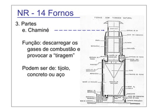 NR - 14 Fornos 
3. Partes 
e. Chaminé 
Função: descarregar os 
gases de combustão e 
provocar a “tiragem” 
Podem ser de: tijolo, 
concreto ou aço 
 