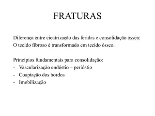 FRATURAS
Diferença entre cicatrização das feridas e consolidação óssea:
O tecido fibroso é transformado em tecido ósseo.
Princípios fundamentais para consolidação:
- Vascularização endóstio – perióstio
- Coaptação dos bordos
- Imobilização
 