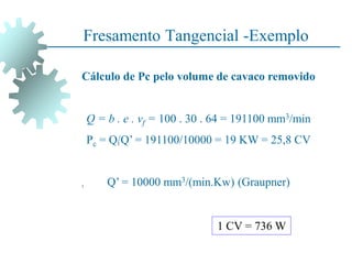 Fresamento Tangencial -Exemplo
Cálculo de Pc pelo volume de cavaco removido
Q = b . e . vf = 100 . 30 . 64 = 191100 mm3/min
Pc = Q/Q’ = 191100/10000 = 19 KW = 25,8 CV
Q’ = 10000 mm3/(min.Kw) (Graupner)
1 CV = 736 W
 