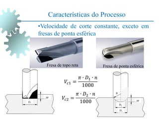 Características do Processo
•Velocidade de corte constante, exceto em
fresas de ponta esférica
Fresa de topo reta Fresa de ponta esférica
D1
ap
D1
D2
R
ap
 