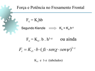 Força e Potência no Fresamento Frontal
z
s
c sen
sen
fz
b
K
F 




 1
1 )
( 

Segundo Kienzle Ks = Ks1h-z
Fc = Kshb
Fc = Ks1 . b . h1-z ou ainda
Ks1 e 1-z (tabelados)
 