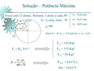 Solução – Potência Máxima
3=18,5º
1=78,5º
2=48,5º
Fc1
Fc2
Fc3
h1 = 0,16 mm
h2 = 0,12 mm
h3 = 0,05 mm
Fc = Ks1 b h1-z
Tabela V.1  Ks1 = 218 Kgf/mm2 e 1-z = 0,82
Fc1 = 143 Kgf
Fc2 = 115 Kgf
Fc3 = 56 Kgf
75
60

 c
c
c
V
F
P Pcmáx = 8,4 CV e
Pm = 16,8 CV
h = fz.senχ .senψ 
Fresa com 12 dentes. Portanto, 1 dente a cada 30º
=90º
 