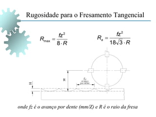 Rugosidade para o Fresamento Tangencial
onde fz é o avanço por dente (mm/Z) e R é o raio da fresa
R
fz
R


8
2
max
R
fz
Ra


3
18
2
 