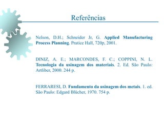 Referências
Nelson, D.H.; Schneider Jr, G. Applied Manufacturing
Process Planning. Pratice Hall, 720p, 2001.
DINIZ, A. E.; MARCONDES, F. C.; COPPINI, N. L.
Tecnologia da usinagem dos materiais. 2. Ed. São Paulo:
Artliber, 2000. 244 p.
FERRARESI, D. Fundamento da usinagem dos metais. 1. ed.
São Paulo: Edgard Blücher, 1970. 754 p.
 