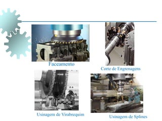Faceamento
Corte de Engrenagens
Usinagem de Splines
Usinagem de Virabrequim
 