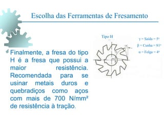 Finalmente, a fresa do tipo
H é a fresa que possui a
maior resistência.
Recomendada para se
usinar metais duros e
quebradiços como aços
com mais de 700 N/mm²
de resistência à tração.
γ = Saída = 5o
β = Cunha = 81o
α = Folga = 4o
Tipo H
Escolha das Ferramentas de Fresamento
 