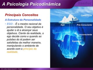 • EGO – É o mestre racional da
personalidade. O seu objetivo é
ajudar o id a alcançar seus
objetivos. Ciente da realidade, o
ego decide como e quando as
pulsões do id podem ser
satisfeitas da melhor maneira,
manipulando o ambiente de
acordo com o princípio da
realidade.
Principais Conceitos
A Estrutura da Personalidade
Pré-Consciente
Consciente
Inconsciente
Id
Ego
Superego
© Prof. Jefferson Baptista Macedo/2014 – 3ª edição
A Psicologia Psicodinâmica
®
 