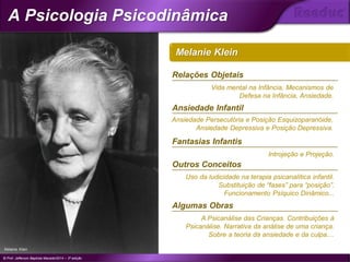 Melanie Klein
Relações Objetais
Vida mental na Infância, Mecanismos de
Defesa na Infância, Ansiedade.
Ansiedade Infantil
Ansiedade Persecutória e Posição Esquizoparanóide,
Ansiedade Depressiva e Posição Depressiva.
Fantasias Infantis
Introjeção e Projeção.
Outros Conceitos
Uso da ludicidade na terapia psicanalítica infantil.
Substituição de “fases” para “posição”.
Funcionamento Psíquico Dinâmico...
Algumas Obras
A Psicanálise das Crianças. Contribuições à
Psicanálise. Narrativa da análise de uma criança.
Sobre a teoria da ansiedade e da culpa....
Melanie Klein
© Prof. Jefferson Baptista Macedo/2014 – 3ª edição
A Psicologia Psicodinâmica
®
 
