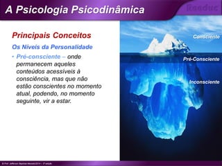 Principais Conceitos
• Pré-consciente – onde
permanecem aqueles
conteúdos acessíveis à
consciência, mas que não
estão conscientes no momento
atual, podendo, no momento
seguinte, vir a estar.
Os Níveis da Personalidade
Consciente
Inconsciente
Pré-Consciente
© Prof. Jefferson Baptista Macedo/2014 – 3ª edição
A Psicologia Psicodinâmica
®
 