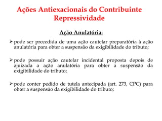 Ação Anulatória: pode ser precedida de uma ação cautelar preparatória à ação anulatória para obter a suspensão da exigibilidade do tributo; pode possuir ação cautelar incidental proposta depois de ajuizada a ação anulatória para obter a suspensão da exigibilidade do tributo; pode conter pedido de tutela antecipada (art. 273, CPC) para obter a suspensão da exigibilidade do tributo; Ações Antiexacionais do Contribuinte Repressividade 