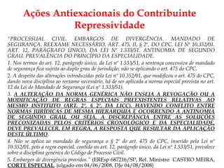 “ PROCESSUAL CIVIL. EMBARGOS DE DIVERGÊNCIA. MANDADO DE SEGURANÇA. REEXAME NECESSÁRIO. ART. 475, II, § 2º, DO CPC. LEI Nº 10.352/01. ART. 12, PARÁGRAFO ÚNICO, DA LEI Nº 1.533/51. ANTINOMIA DE SEGUNDO GRAU. PREVALÊNCIA DO PRINCÍPIO DA ESPECIALIDADE. 1. Nos termos do art. 12, parágrafo único, da Lei nº 1.533/51, a sentença concessiva de mandado de segurança fica sujeita ao duplo grau de jurisdição, não se aplicando o art. 475 do CPC. 2. A despeito das alterações introduzidas pela Lei nº 10.352/01, que modificou o art. 475 do CPC, dando nova disciplina ao reexame necessário, há de ser aplicada a norma especial prevista no art. 12 da Lei do Mandado de Segurança (Lei nº 1.533/51). 3.  A ALTERAÇÃO DA NORMA GENÉRICA NÃO ENSEJA A REVOGAÇÃO OU A MODIFICAÇÃO DE REGRAS ESPECIAIS PREEXISTENTES RELATIVAS AO MESMO INSTITUTO (ART. 2º, § 2º, DA LICC). HAVENDO CONFLITO ENTRE NORMAS JURÍDICAS DE MESMA HIERARQUIA E OCORRENDO A ANTINOMIA DE SEGUNDO GRAU, OU SEJA, A DISCREPÂNCIA ENTRE AS SOLUÇÕES PRECONIZADAS PELOS CRITÉRIOS CRONOLÓGICO E DA ESPECIALIDADE, DEVE PREVALECER, EM REGRA, A RESPOSTA QUE RESULTAR DA APLICAÇÃO DESTE ÚLTIMO . 4. Não se aplica ao mandado de segurança o § 2º do art. 475 do CPC, inserido pela Lei nº 10.352/01, pois a regra especial, contida no art. 12, parágrafo único, da Lei nº 1.533/51, prevalece sobre a disciplina genérica do Código de Processo Civil. 5. Embargos de divergência providos.”  (EREsp 687216/SP, Rel. Ministro  CASTRO MEIRA,  CORTE ESPECIAL , julgado em 04/06/2008, DJe 04/08/2008) Ações Antiexacionais do Contribuinte Repressividade 