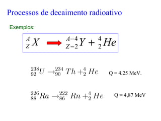 Exemplos:
XA
Z HeYA
Z
4
2
4
2 +−
−
Q = 4,87 MeV
Q = 4,25 MeV.
Processos de decaimento radioativo
 