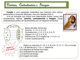 Domínio, Contradomínio e Imagem
Função é uma expressão matemática que relaciona dois valores
pertencentes a conjuntos diferentes, mas com relações entre si.
A lei de formação que intitula uma determinada função, possui três
características básicas: domínio, contradomínio e imagem. Essas
características podem ser representadas por um diagrama de flechas
Nessa situação, temos que:
Domínio: x = {1, 2, 3, 4, 5}
Contradomínio: y = {1, 2, 3, 4, 5, 6, 7}
Imagem: Im = {2, 3, 4, 5, 6}
Dizemos que 2 é a imagem de 1 =>f (1) = 2,
e assim sucessivamente.
x y
y = x + 1
1 .
2 .
3 .
4 .
5 .
. 1
. 2
. 3
. 4
. 5
. 6
. 7
Dados os conjuntos A = {3, 4, 5, 6} e B = {7, 9, 11, 13} e a função
f: A → B definida por y = 2x + 1, determine:
a) O diagrama de flechas da função;
b) O contradomínio da função;
c) O domínio da função;
d) A imagem da função.
 