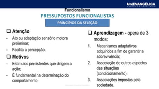 Associação Educativa Evangélica
Funcionalismo
PRESSUPOSTOS FUNCIONALISTAS
PRINCÍPIOS DA SELEÇÃO
❑ Atenção
- Ato ou adaptação sensório motora
preliminar;
- Facilita a percepção.
❑ Motivos
- Estímulos persistentes que dirigem a
ação;
- É fundamental na determinação do
comportamento
❑ Aprendizagem - opera de 3
modos:
1. Mecanismos adaptativos
adquiridos a fim de garantir a
sobrevivência;
2. Associação de outros aspectos
das situações
(condicionamento);
3. Associações impostas pela
sociedade.
 