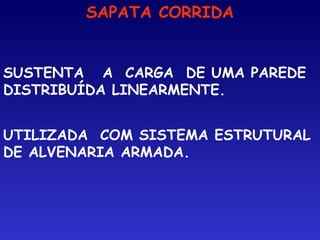 SAPATA CORRIDA
SUSTENTA A CARGA DE UMA PAREDE
DISTRIBUÍDA LINEARMENTE.
UTILIZADA COM SISTEMA ESTRUTURAL
DE ALVENARIA ARMADA.
 