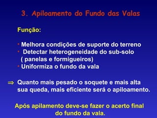 Função:
• Melhora condições de suporte do terreno
• Detectar heterogeneidade do sub-solo
( panelas e formigueiros)
• Uniformiza o fundo da vala
Após apilamento deve-se fazer o acerto final
do fundo da vala.
⇒ Quanto mais pesado o soquete e mais alta
sua queda, mais eficiente será o apiloamento.
3. Apiloamento do Fundo das Valas
 